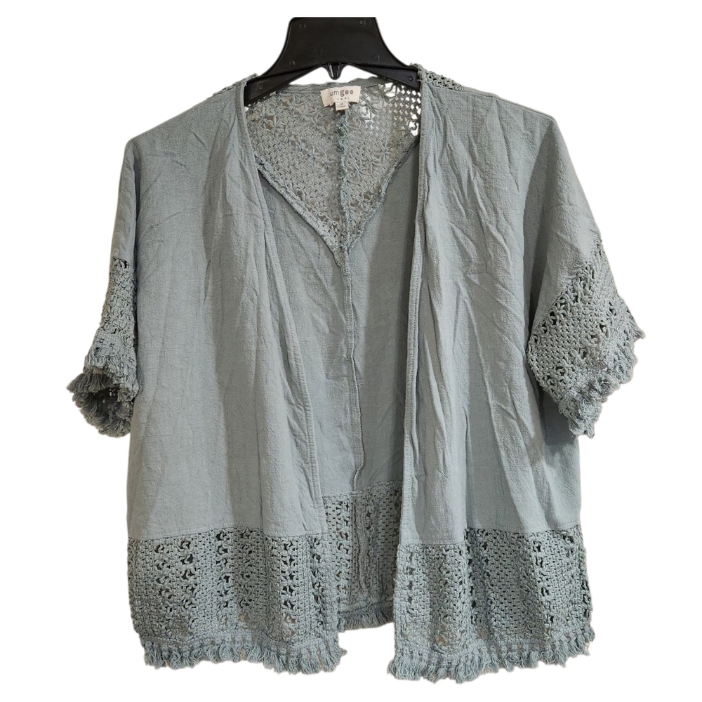 Umgee Kimono Cardigan Women's Sz M Short Sleeve Linen Blend Crochet Sage Green